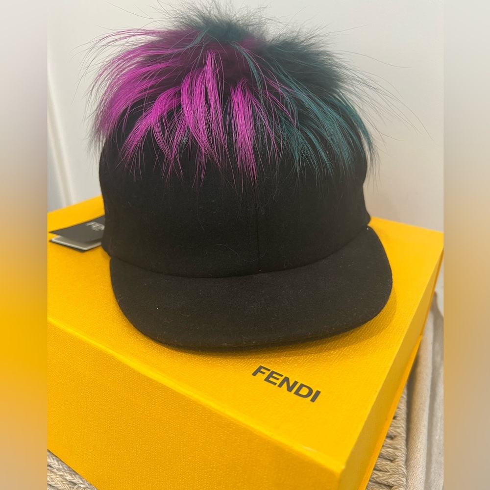 Fendi Fur Baseball Cap – Silver Fox Fur | Black/Green/Magenta | NWT | size M